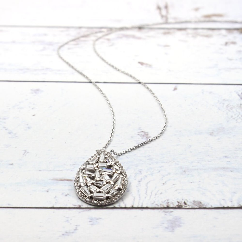 PEAR PENDANT WITH WHITE BAGUETTE CUT CZ NECKLACE